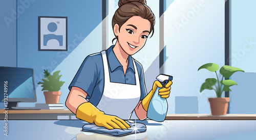 A smiling woman wearing a white apron and yellow gloves is cleaning a countertop with a spray bottle and a cloth, a potted plant and a framed picture on the shelf behind her