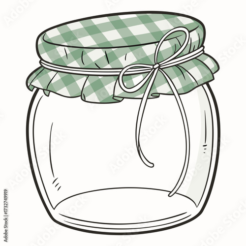 Illustration of a glass jar with green checkered fabric cover and ribbon for food storage and preservation