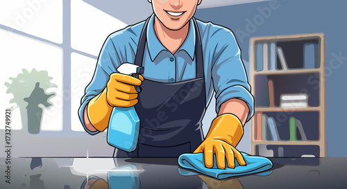 Professional cleaner wearing gloves and apron, diligently wiping down a glossy surface with a spray bottle and cloth, highlighting a clean and organized workspace for a healthy environment