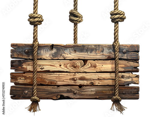 Rustic wooden sign hanging by ropes isolated on transparent background
