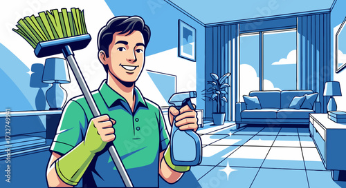 Man holding mop and spray bottle ready to clean a modern living room with bright sunlight streaming through the windows