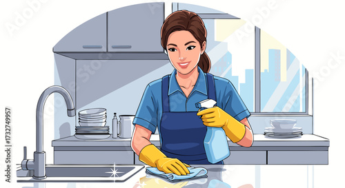 Young Woman in Yellow Gloves Cleaning Kitchen Countertop with Spray Bottle and Cloth, Professional Housekeeping Service Illustration