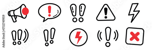 Doodle Red Exclamation Marks and Hand Drawn Warning Signs for Alerts, Caution, Toxic Risk, and Stop Notifications – Vector Illustration Set