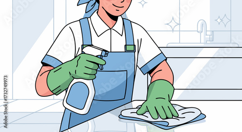 A diligent cleaner wearing gloves and an apron meticulously sprays and wipes a countertop, ensuring a sparkling clean surface in a bright, modern kitchen environment
