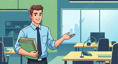 Confident businessman holding folders in a modern office, gesturing with his hand, surrounded by cubicles and large windows with city view