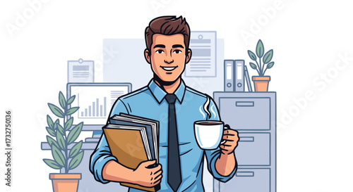 Smiling businessman holding files and coffee cup in office, ready for a productive workday, illustration of professional success and corporate environment