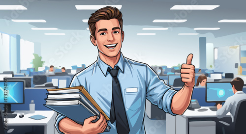 Confident young businessman in a modern office setting gives a thumbs-up gesture, holding a stack of documents, symbolizing success and professional achievement in a corporate environment