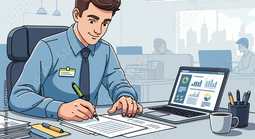 Energetic businessman running with a stack of documents, symbolizing speed and efficiency in a modern office environment, conveying a sense of urgency and productivity for business operations