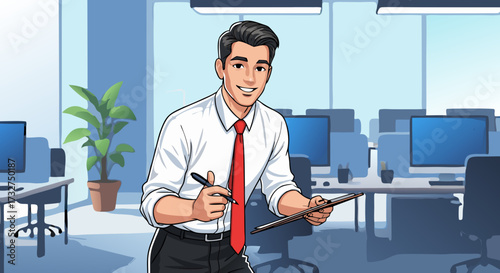 Confident businessman in a white shirt and red tie holding a pen and clipboard in a modern office setting with computers and a plant, ready for a meeting or presentation