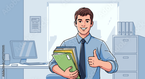 An office worker in a white shirt and tie, holding a stack of folders and gesturing with his hand, standing in a modern office with cubicles and computers