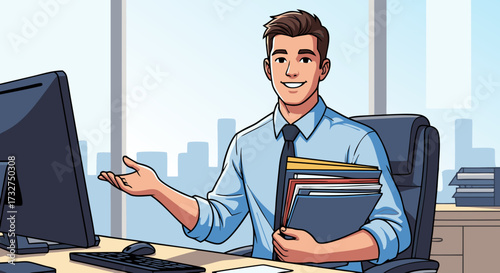 A smiling young man in a blue suit and cap, holding documents, in a modern office environment, representing professional service and efficiency in business operations