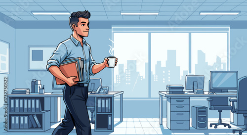 A smiling businessman walks through a bright, modern office, holding files and a coffee mug, ready for a productive workday