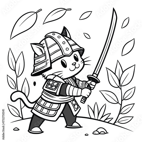 A cartoon cat, clad in samurai armor, stands holding a katana sword, surrounded by leaves and foliage.