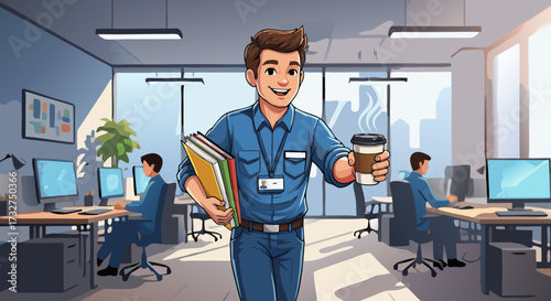 A smiling man in a blue shirt walks through a modern office holding a coffee cup and some folders, ready to start his workday