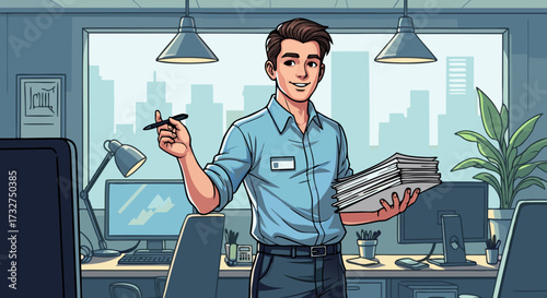 Professional office worker in light blue shirt holding papers and pen, smiling with cityscape view from window in modern workspace illustration
