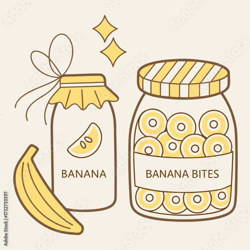 Banana fruit preserves and banana bites in jars healthy food illustration vector art and graphic design
