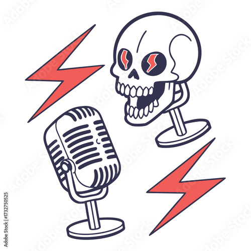 Illustration of a microphone and a skull with lightning bolts, evoking a rock and roll or podcasting theme.