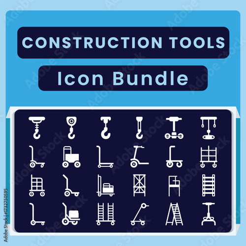 White construction and material handling tool icons on dark blue background tools bundle