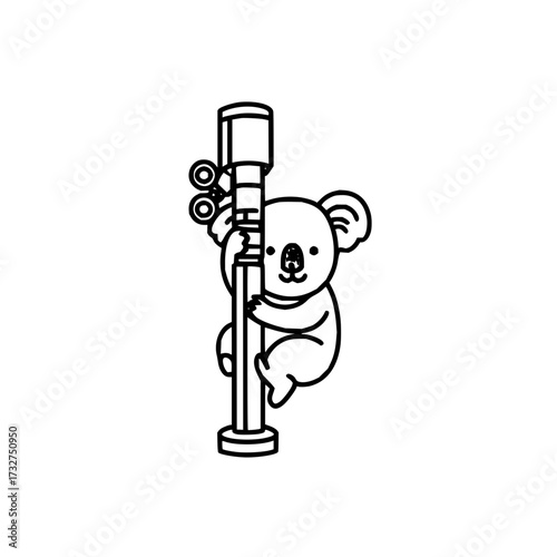 A cartoon koala clinging to a vertical pole with eucalyptus leaves on a white background illustration