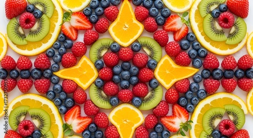 Kaleidoscope-style fruit arrangement with geometric symmetry.