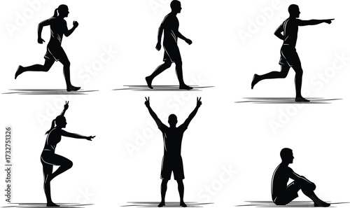 Silhouettes of diverse athletes in various active and resting poses, including running, celebrating, and stretching, isolated on a white background