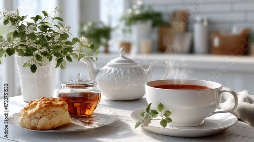 Wallpaper Mural A steaming cup of tea and a soft scone on a plate create a warm, inviting atmosphere in a bright kitchen with plants Torontodigital.ca