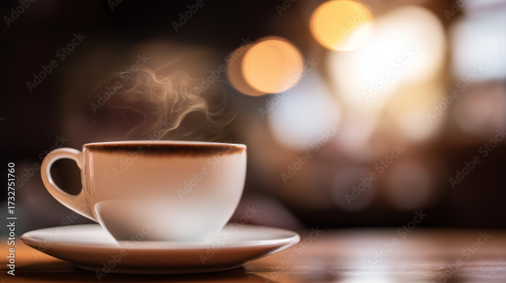 Fototapeta premium pause. A close-up view of a coffee cup with steam rising, set against a blurred, cozy backdrop. bar promotions, beverage menus, designed for food & beverage menus and cafe branding.