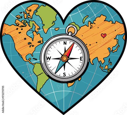Heart Shaped World Map with Compass – Love for Travel and Adventure