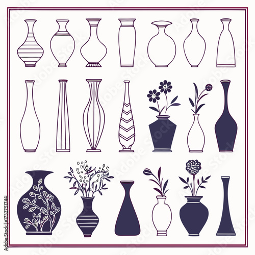 Elegant assortment of vases and flowerpots in minimalist line art style for home decor and botanical design projects on a light background