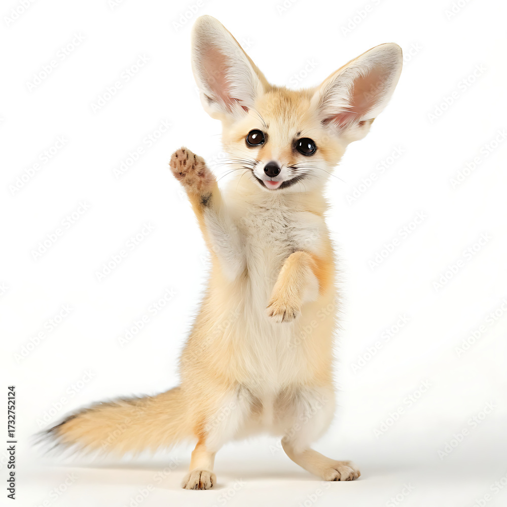 Obraz premium A fennec fox standing on its hind legs with one paw raised against a plain white studio background