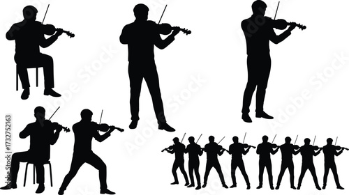 Silhouettes of diverse musicians playing the violin, including a male and female violinist standing and sitting, a vector illustration for music, orchestra, and band themes