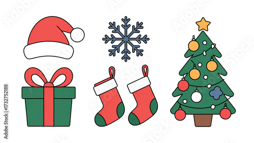 Christmas holiday icons set with Santa hat, gift, tree, and snowflake

