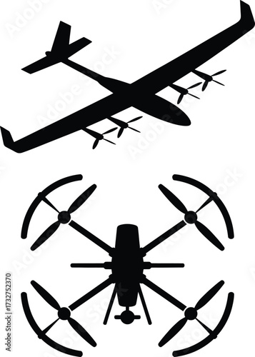 Silhouette comparison of a propeller airplane and a quadcopter drone aerial vehicles