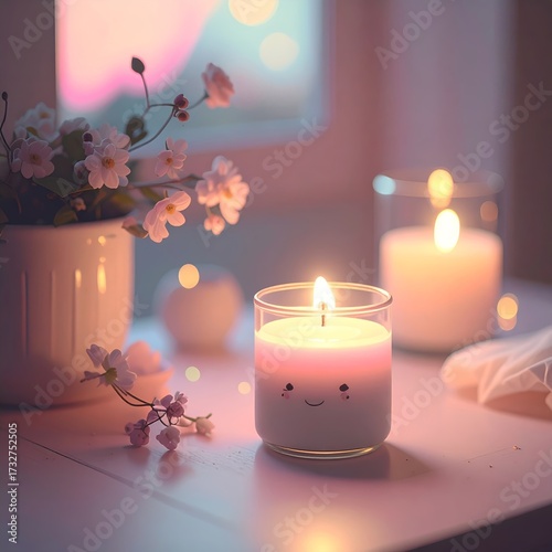 Cozy candlelit scene with flowers, creating a warm ambiance.