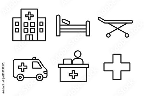 Outline hospital icons: ambulance, bed, stretcher, reception, cross symbol