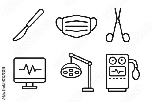 Surgical instruments and medical equipment icons set