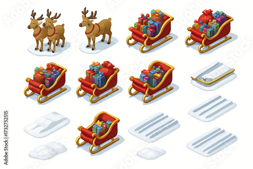 Festive red sleigh with gifts and reindeer on snow