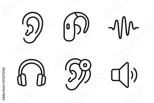 Ear and sound icons: hearing aids, headphones, sound waves, speaker symbols
