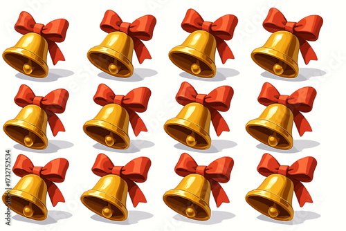 Festive golden bells with red bows in repeating pattern for christmas