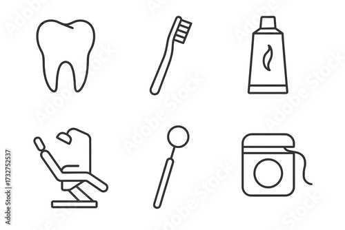 Dental care essentials: toothbrush, toothpaste, dental chair, mirror, floss icon set