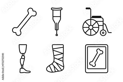 Orthopedic symbols: crutch, wheelchair, prosthetic, cast, x-ray, bone icon set