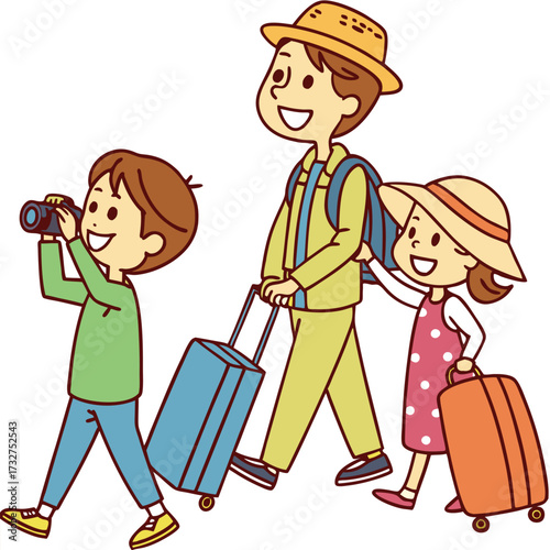 Cartoon illustration of a family of three traveling with luggage; a son takes a photo while the father pulls a suitcase and the daughter carries a suitcase.