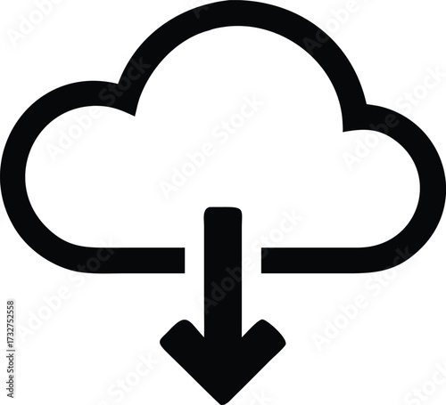 Simple black line icon of a cloud with a download arrow. Vector graphic symbol for cloud computing, data storage, and file transfer