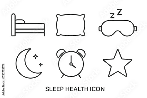 Sleep health icons: bed, pillow, mask, moon, clock, star