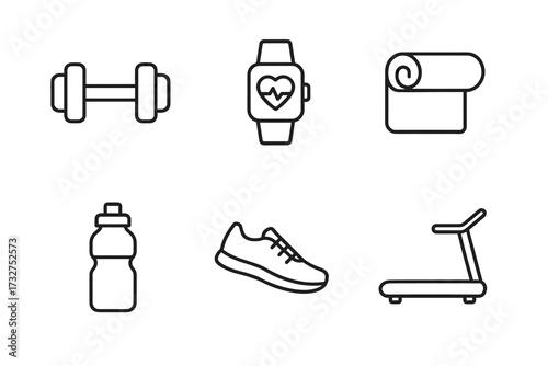 Fitness equipment icons: dumbbell, smartwatch, yoga mat, water bottle, shoe, treadmill
