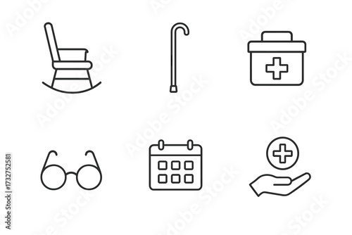 Senior care icons: rocking chair, cane, medical kit, glasses, calendar, hand