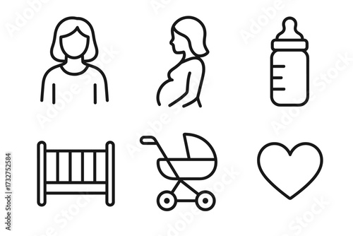 Motherhood icons: pregnant woman, baby bottle, crib, stroller, heart symbols