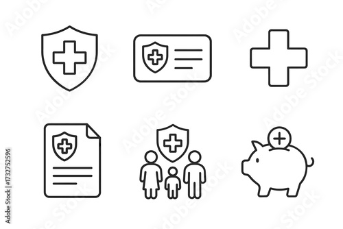 Healthcare insurance icons: family, document, shield, cross, savings piggy bank