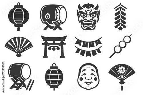 Traditional japanese symbols: lanterns, drums, masks, fans, torii gate, and more