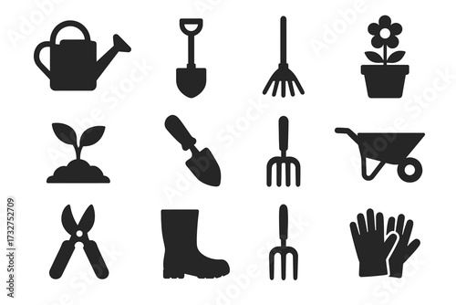 Silhouette icons of gardening tools: watering can, shovel, rake, potted plant